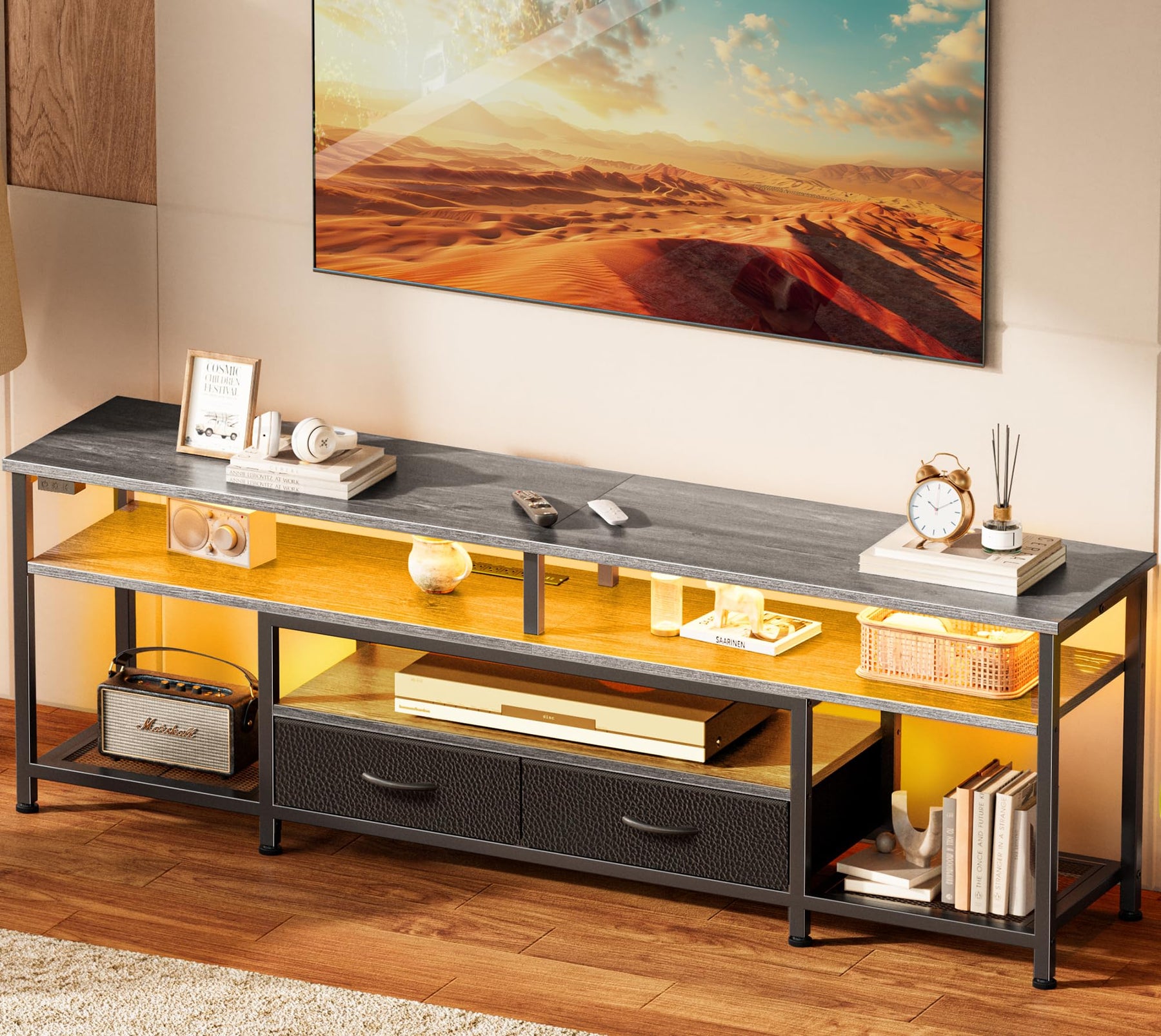 Huuger 63 Inch LED TV Stand for 65 70 Inch TV, Entertainment Center with Open Shelves and Power Outlets, TV Console for Living Room, Media Console with Drawers, Black