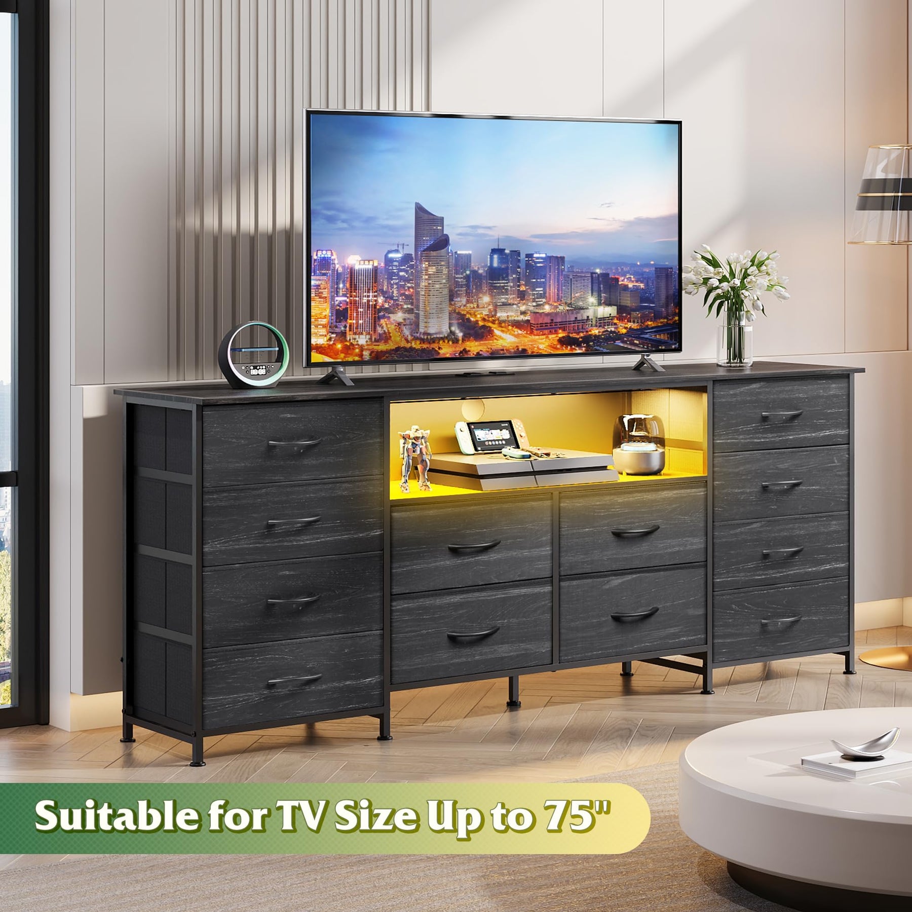 WLIVE LED Dresser TV Stand for 65 Inch TV, 8 Drawers, Rustic Brown