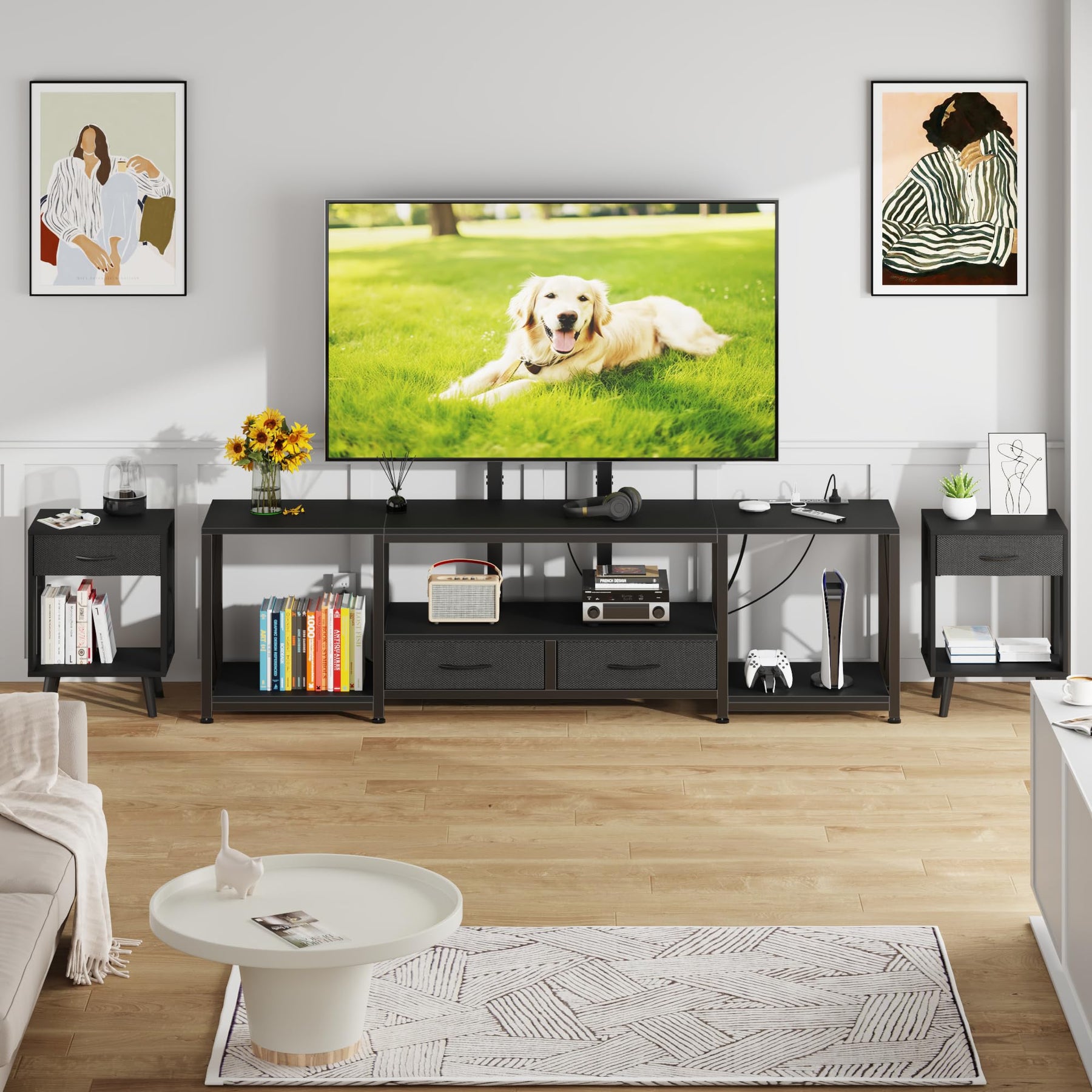 GYIIYUO LED TV Stand with Mount and Power Outlet & Fabric Drawers for 32-85 Inches TV - Entertainment Center and Corner Tv Stand for Living Room, Bedroom- 47" Rustic Brown (Max VESA 600mm × 400mm