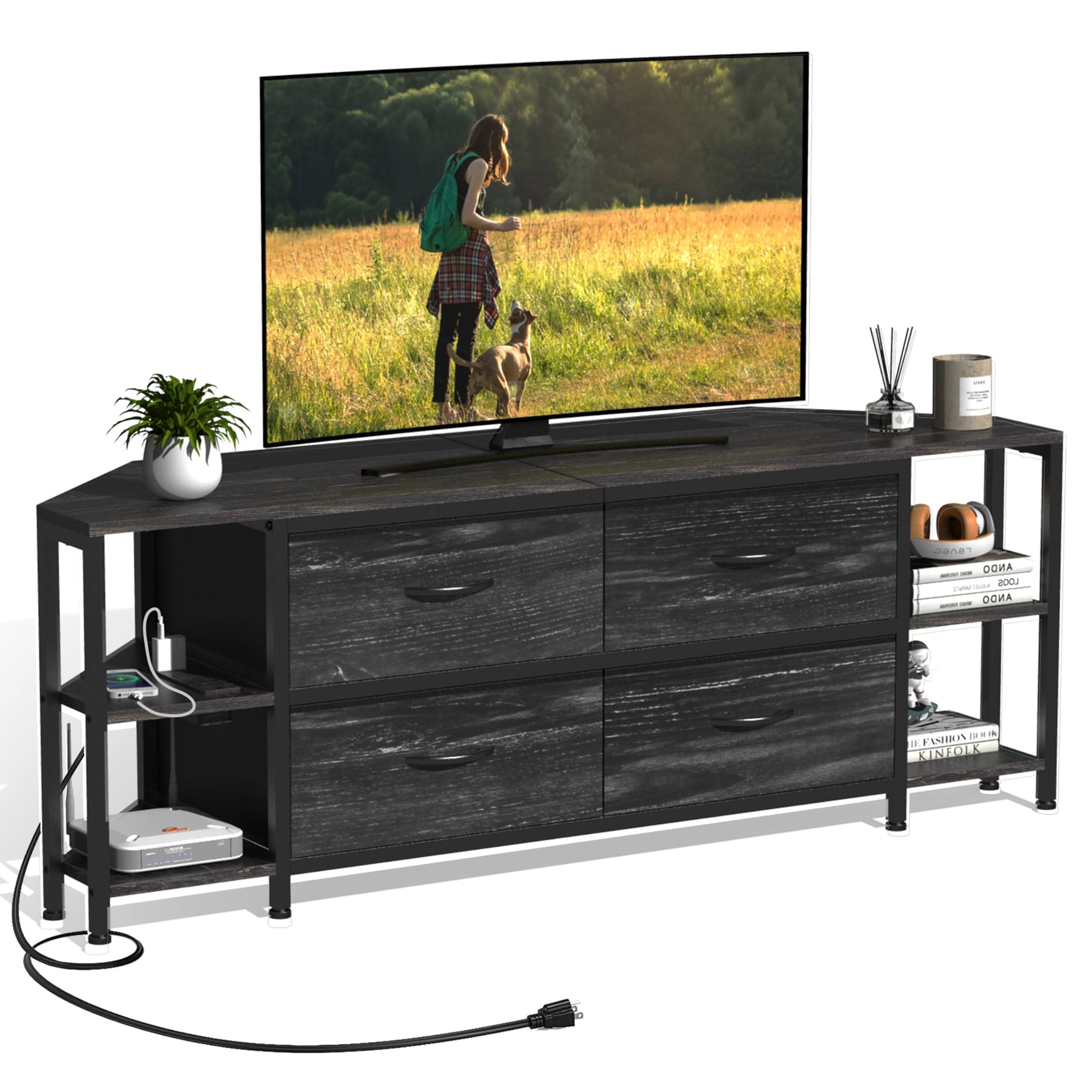 EXOTICA Corner TV Stand for 55" TV with Drawer & Power Outlet, Brown