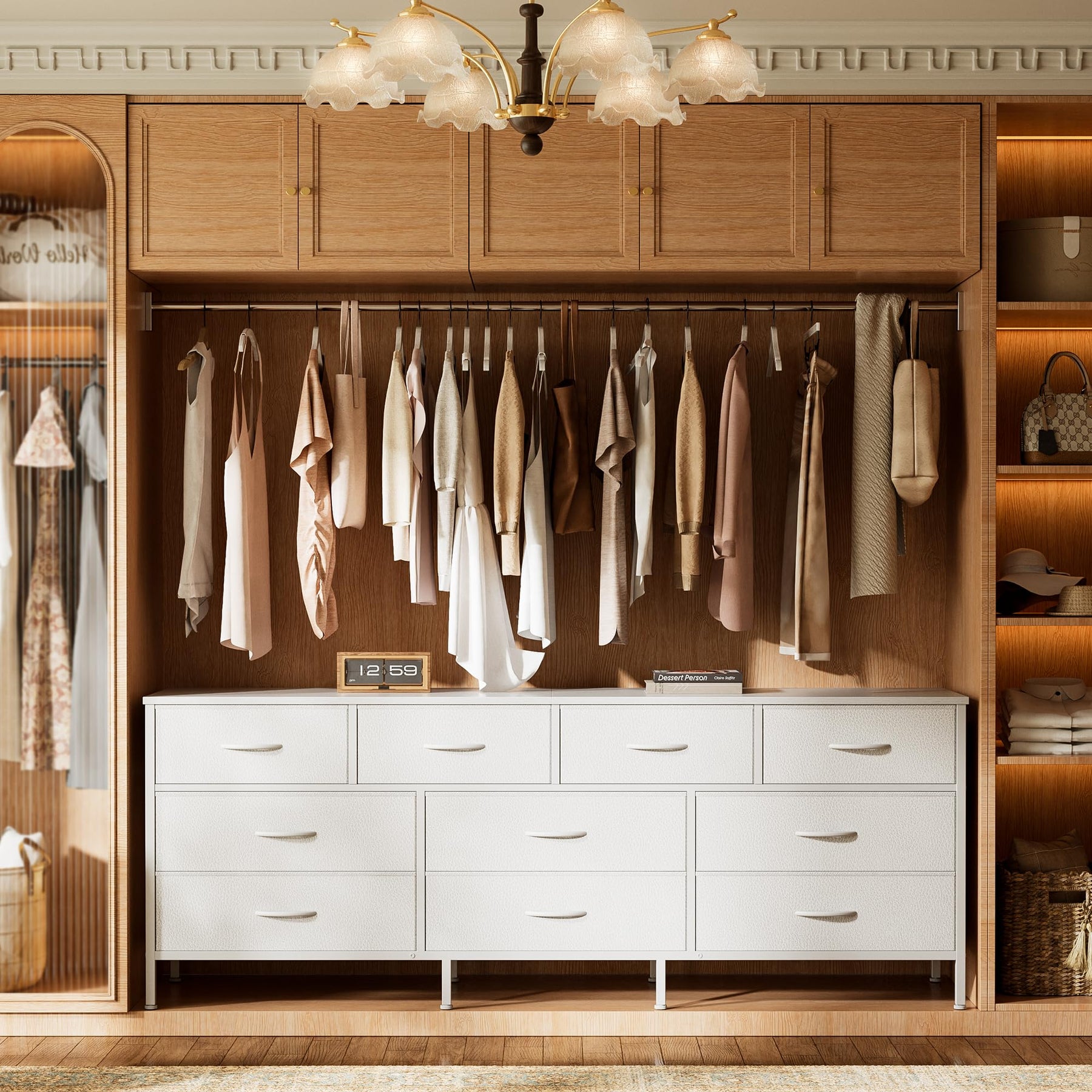 Huuger 63 Inch Dresser for Bedroom, Long Dresser with 10 Fabric Drawers, TV Stand for 55, 65, 70 Inch TV, Toy Storage Organizer for Closet, Rustic Brown