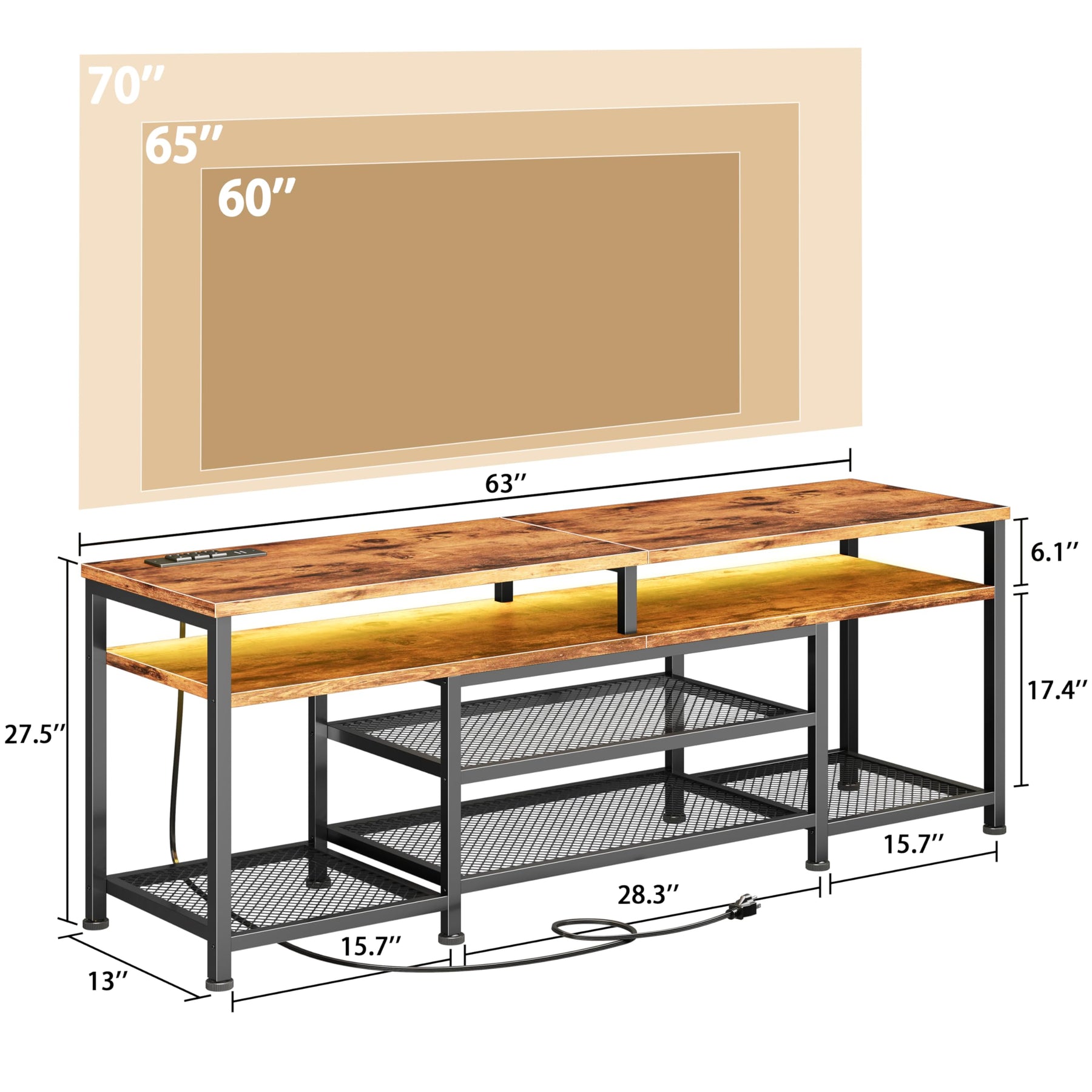 Furologee TV Stand with Power Outlets and LED Lights, 63 Inch Entertainment Center for 60 65 70 Inch TVs, Media Console Table with Open Shelves, for Bedroom, Living Room, Black