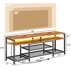 Furologee TV Stand with Power Outlets and LED Lights, 63 Inch Entertainment Center for 60 65 70 Inch TVs, Media Console Table with Open Shelves, for Bedroom, Living Room, Black