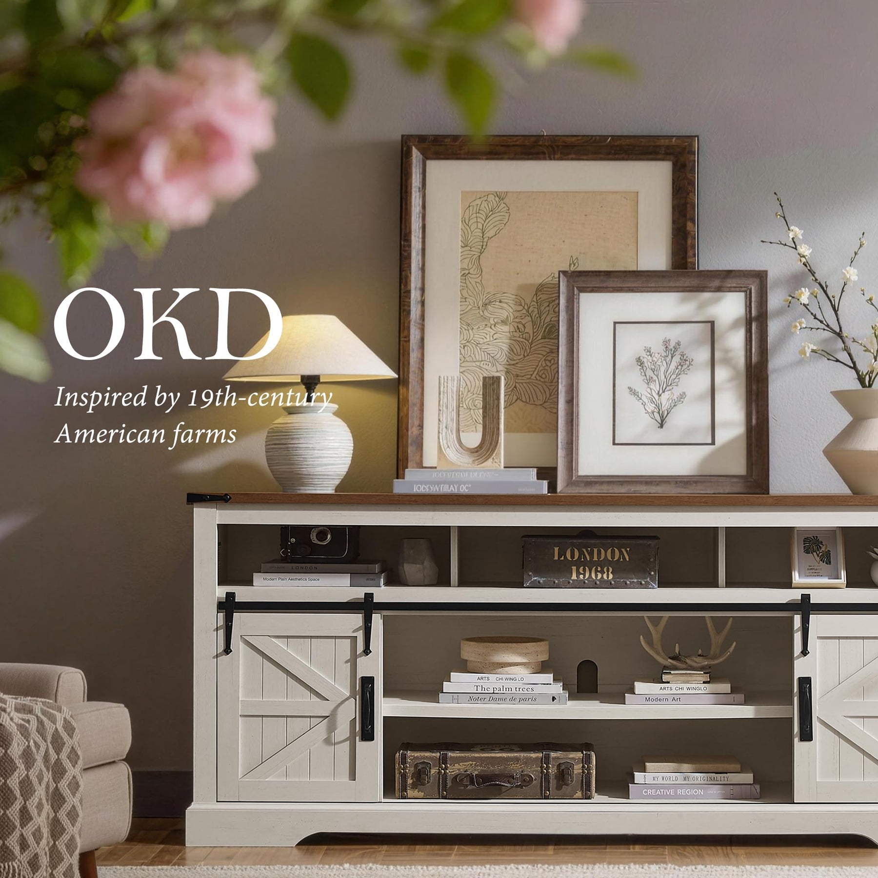 OKD 70" Farmhouse TV Stand for TVs up to 80", Antique White