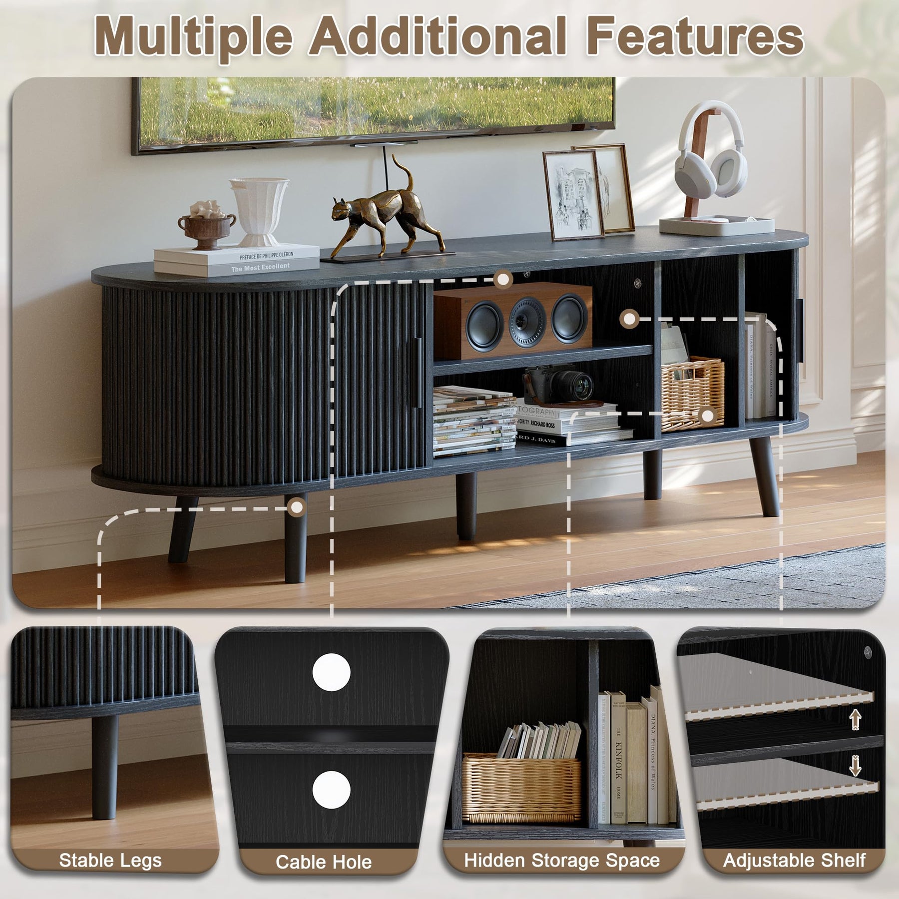 ChooChoo 54" Mid Century Modern TV Stand with Fluted Sliding Doors