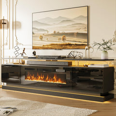 Nordivale 70" Fireplace TV Stand, Modern Entertainment Center for TVs Up to 80”, TV Console with Storage Cabinets, Media Console for Living Room, Black TV Stand and Black Fireplace