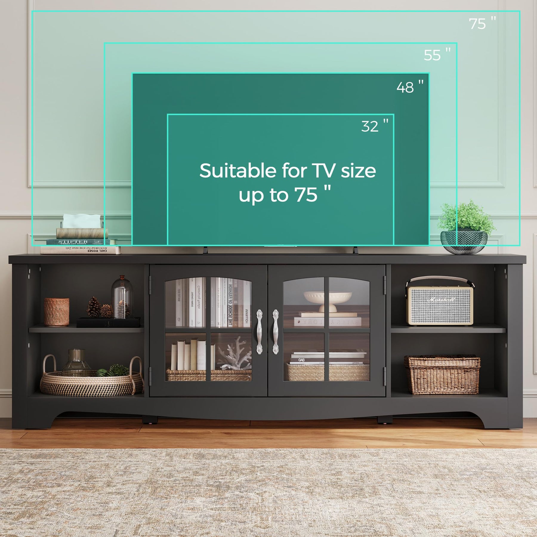 LINSY HOME Farmhouse TV Stand for 65 Inch TV, Wood Entertainment Center with Glass Door Storage Cabinet & Adjustable Shelves, Large Sturdy TV Console Table for Living Room Bedroom