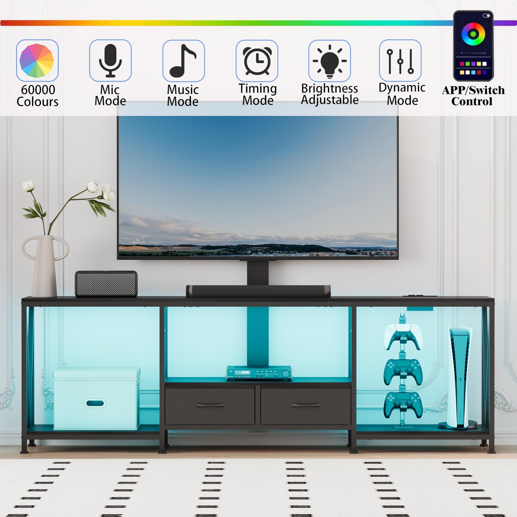 NinPeen 63" W TV Stand with Mount,LED & Charging Station for 55,65,75" TV