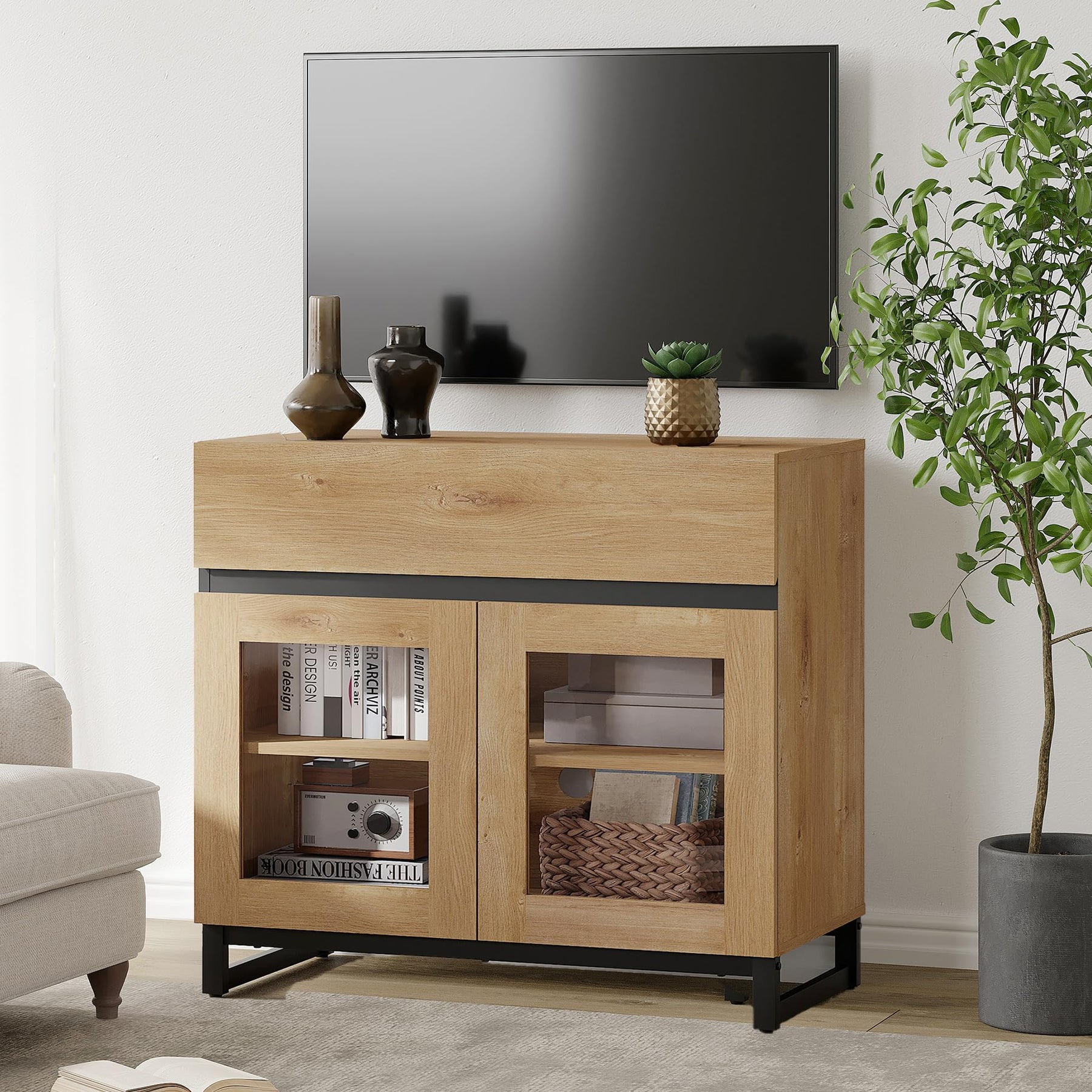 WAMPAT Modern TV Stand with Glass Doors for 80-120 inch TVs, 4 in 1 Entertainment Center Console with 4 Drawers and Metal Base for Living Room, Bedroom, Brown