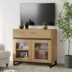 WAMPAT Modern TV Stand with Glass Doors for 80-120 inch TVs, 4 in 1 Entertainment Center Console with 4 Drawers and Metal Base for Living Room, Bedroom, Brown