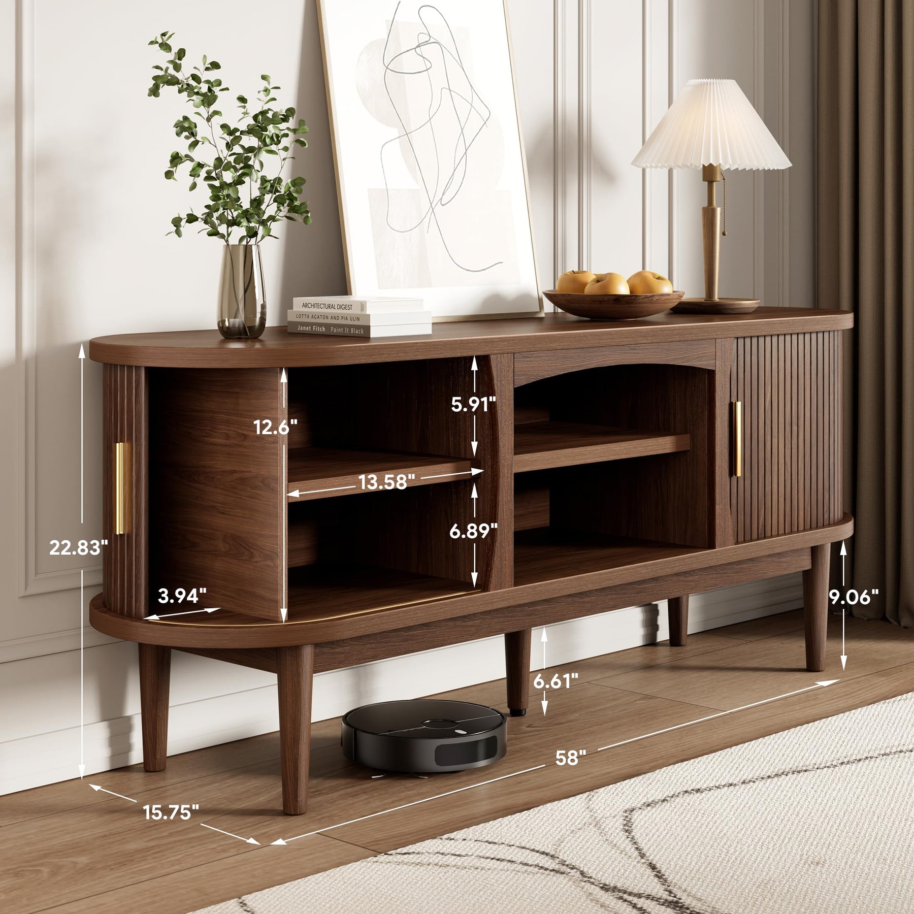 Decofy Mid Century TV Stand for TVs up to 80 Inches, Entertainment Center with Storage, Power Outlet, Fluted Sliding Doors & Adjustable Shelves, Modern Media TV Console Table for Living Room (Walnut)