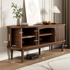 Decofy Mid Century TV Stand for TVs up to 80 Inches, Entertainment Center with Storage, Power Outlet, Fluted Sliding Doors & Adjustable Shelves, Modern Media TV Console Table for Living Room (Walnut)