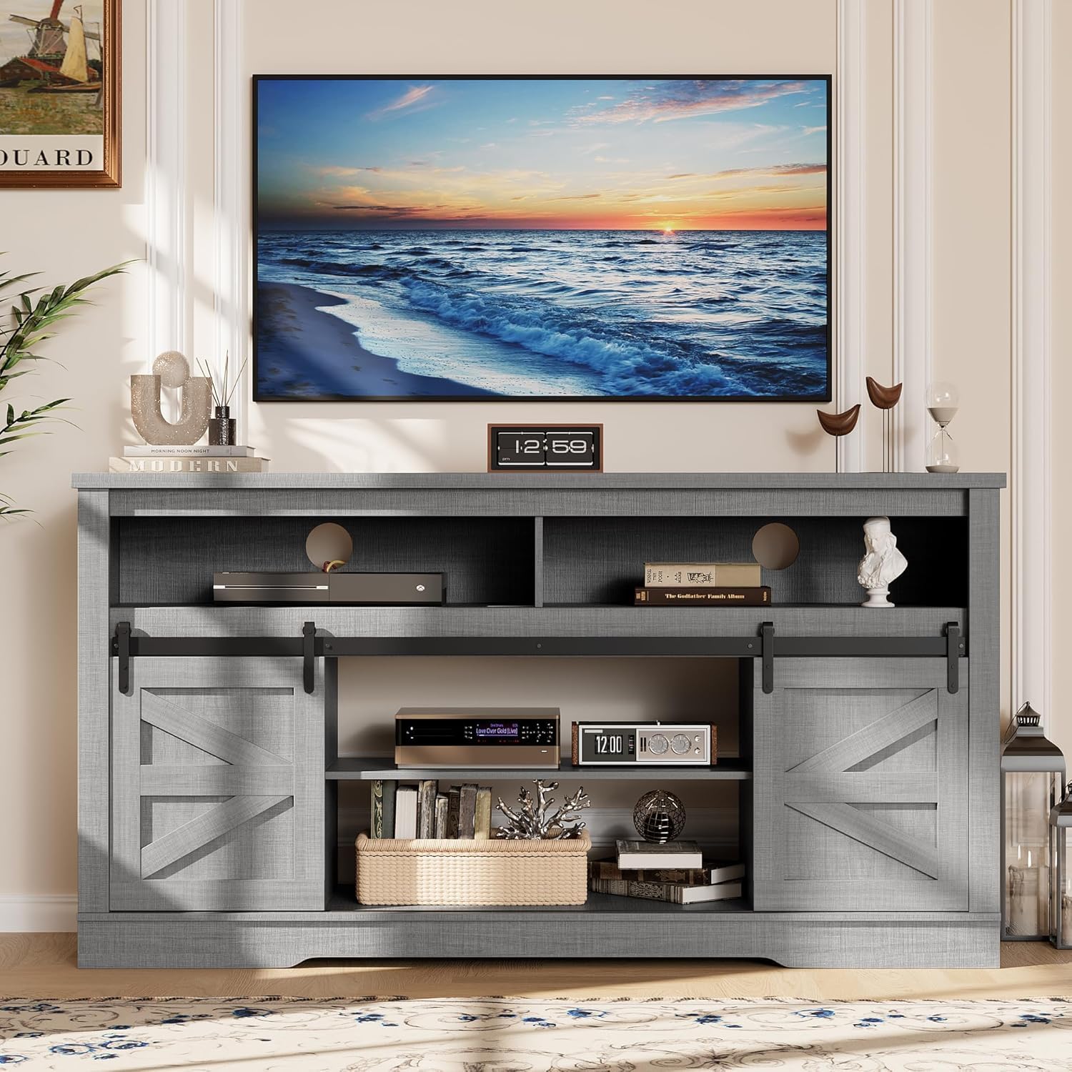 YESHOMY 58" Farmhouse TV Stand for TVs up to 65", Sliding Barn Doors, White