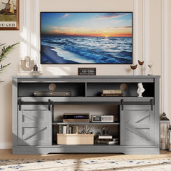 YESHOMY 58" Farmhouse TV Stand for TVs up to 65", Sliding Barn Doors, White