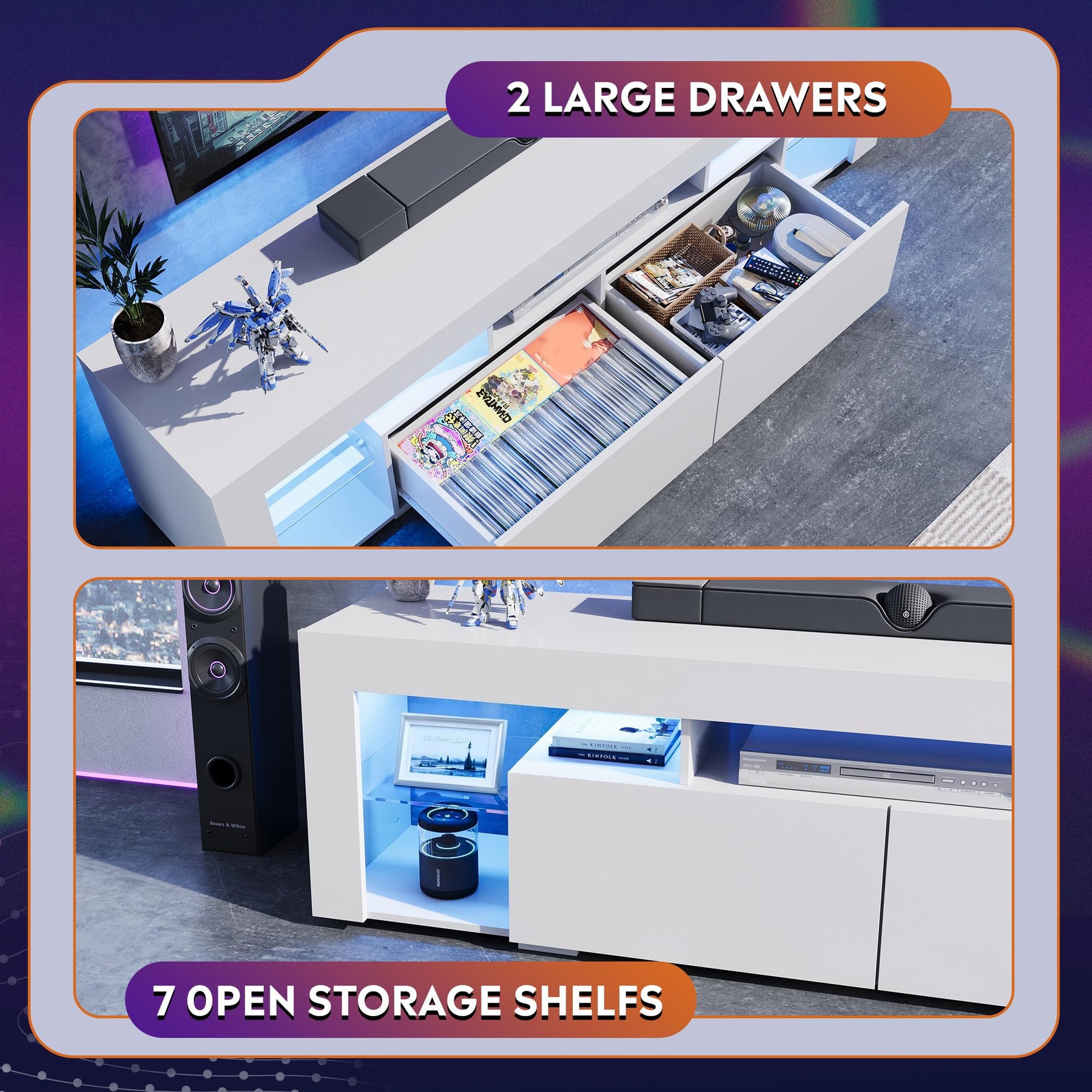 WLIVE 63 Inch TV Stand for 55/65/70 Inch TVs, Modern Entertainment Center with 20 LED Lights & 2 Large Storage Drawers, Media Console Table, Gaming Television Stands for Living Room, Bedroom, Black