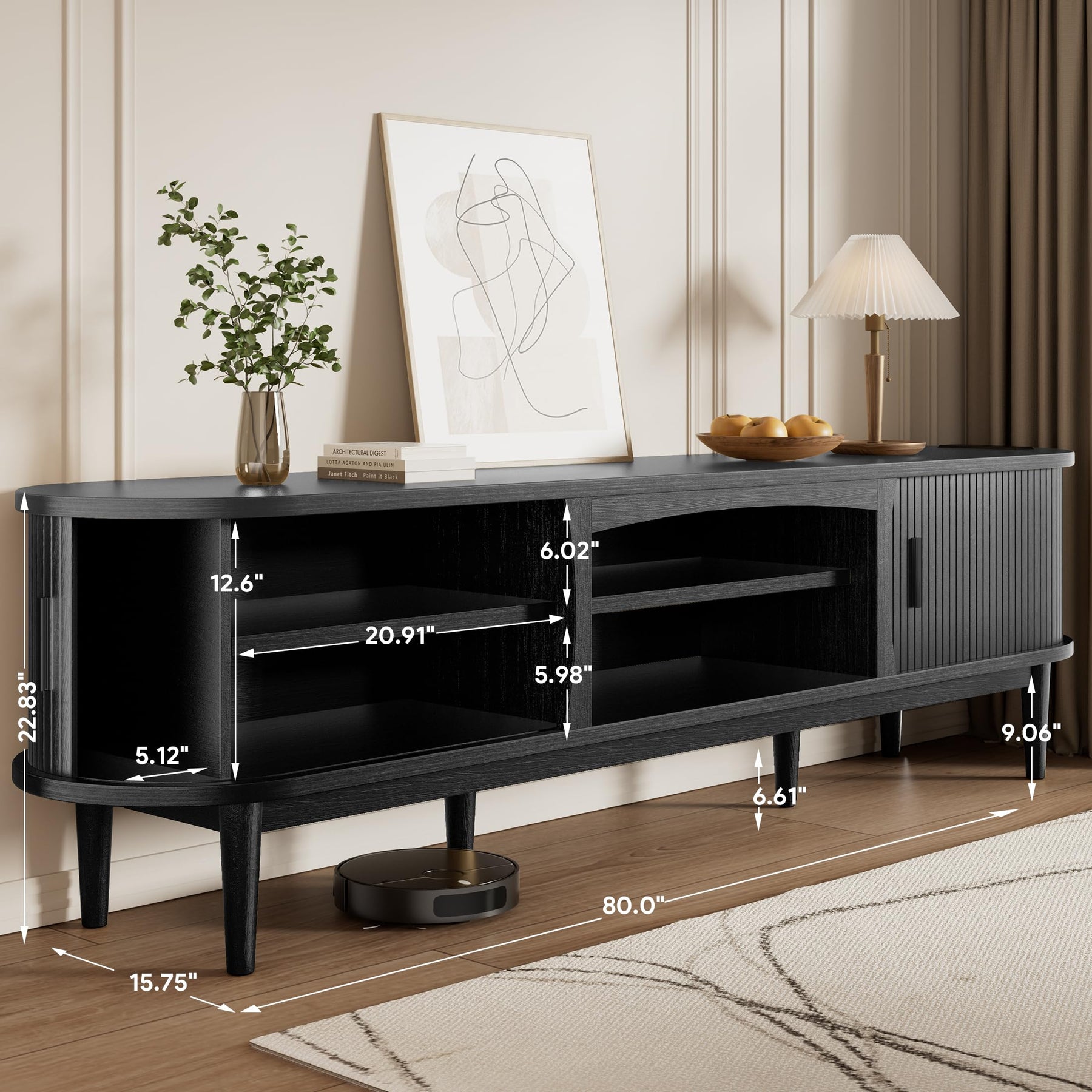 Decofy Mid Century TV Stand for TVs up to 80 Inches, Entertainment Center with Storage, Power Outlet, Fluted Sliding Doors & Adjustable Shelves, Modern Media TV Console Table for Living Room (Walnut)