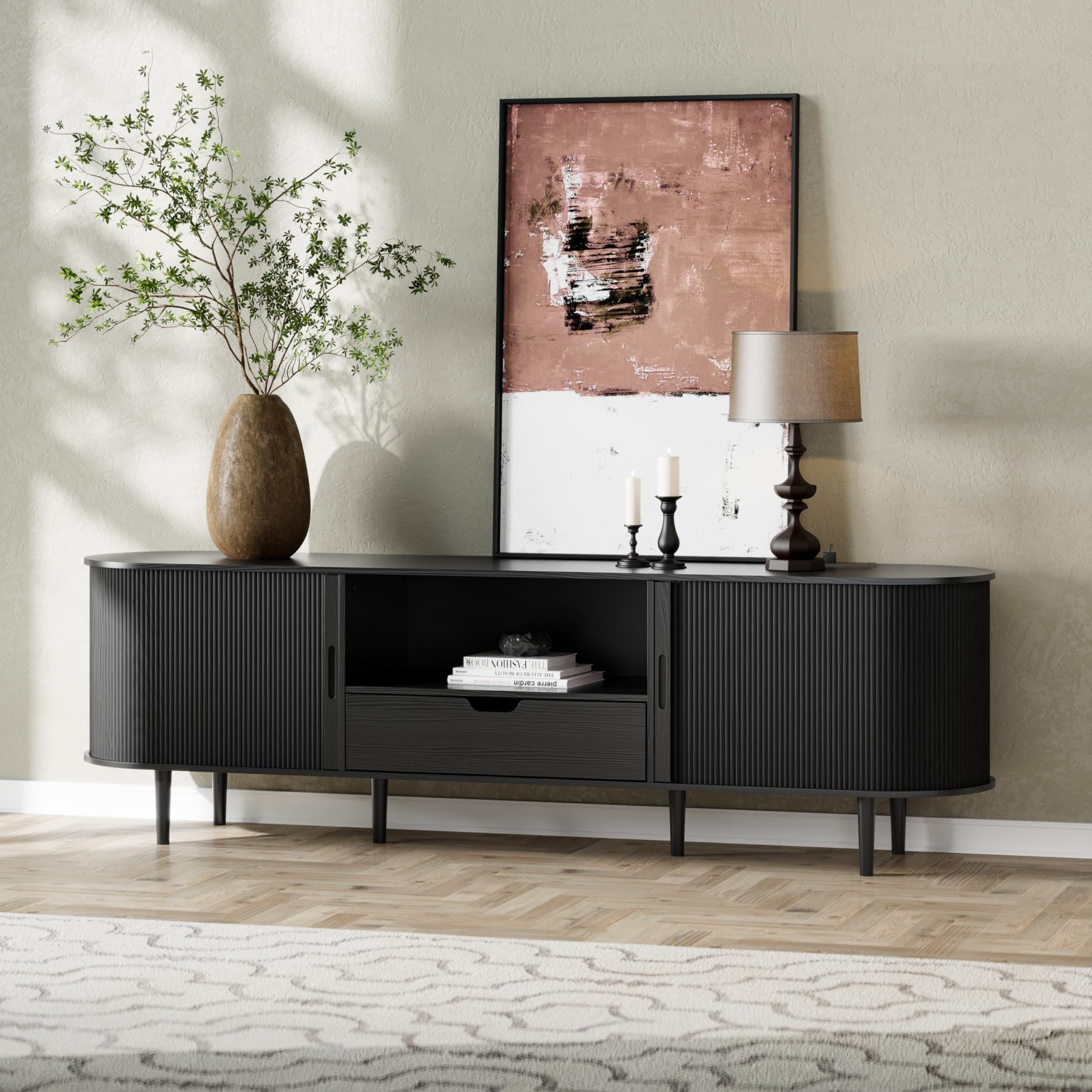 DHH 86.6" Fluted TV Stand with Power Outlet for TVs up to 90", TV Console with Adjustable Shelves and Sliding Door,Mid Century Modern Entertainment Center for Living Room,Bedroom (Walnut)