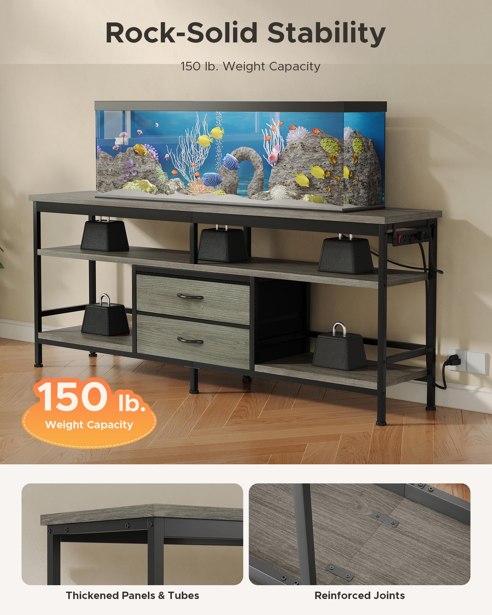 Lazzanto 63in TV Stand for 55-75in TVs, LED Lights, Charging Station, Black