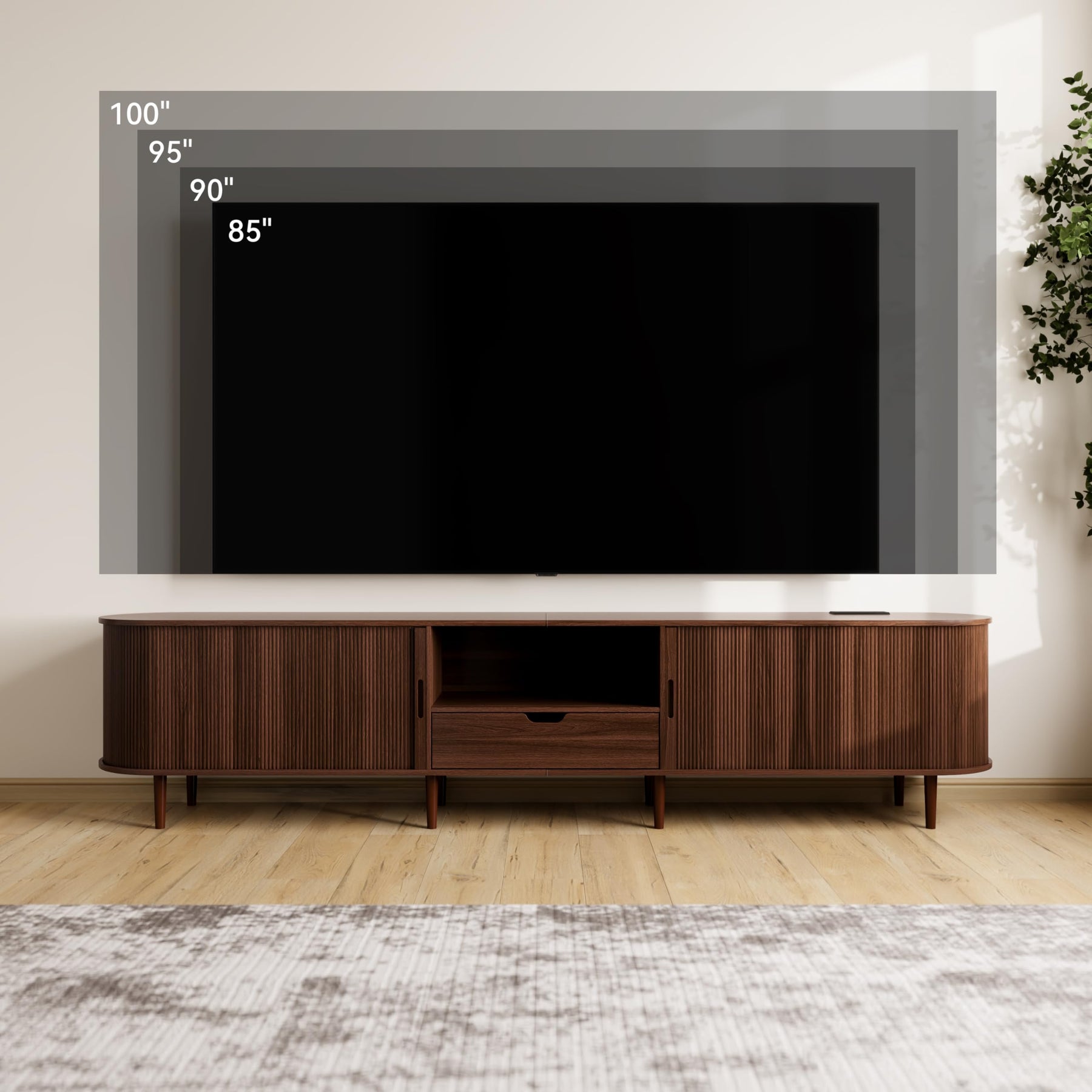 DHH 86.6" Fluted TV Stand with Power Outlet for TVs up to 90", TV Console with Adjustable Shelves and Sliding Door,Mid Century Modern Entertainment Center for Living Room,Bedroom (Walnut)