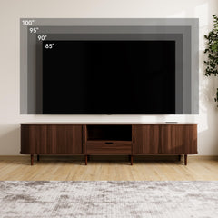 DHH 86.6" Fluted TV Stand with Power Outlet for TVs up to 90", TV Console with Adjustable Shelves and Sliding Door,Mid Century Modern Entertainment Center for Living Room,Bedroom (Walnut)