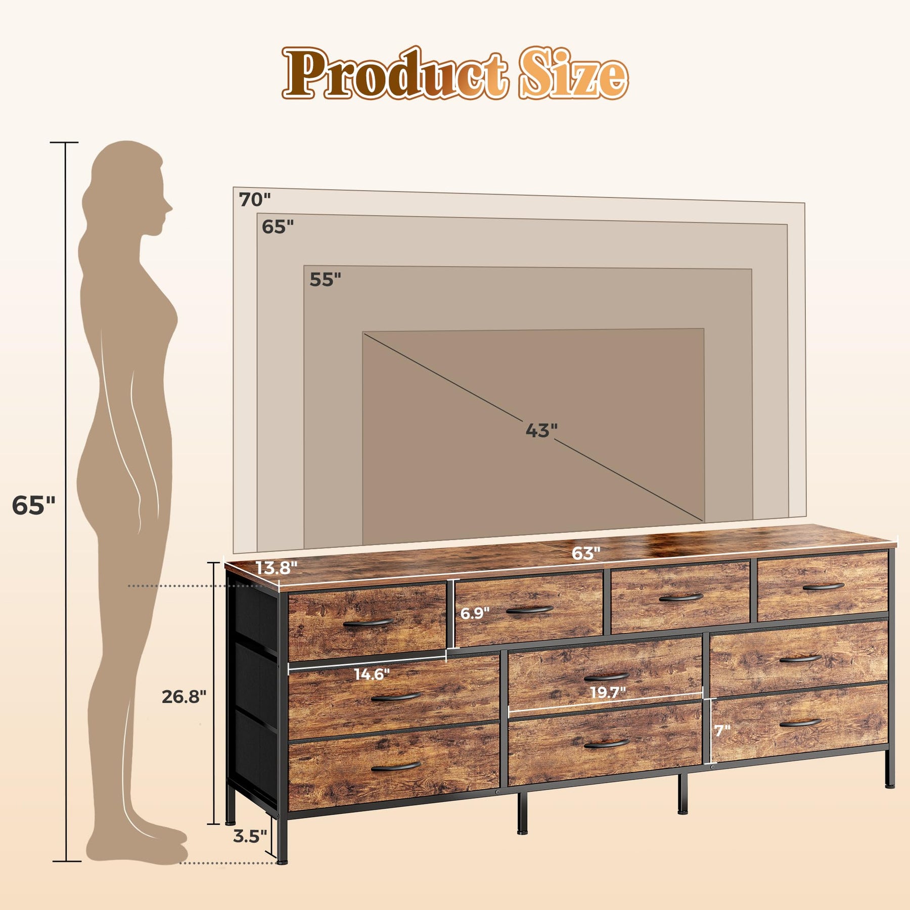 Huuger 63 Inch Dresser for Bedroom, Long Dresser with 10 Fabric Drawers, TV Stand for 55, 65, 70 Inch TV, Toy Storage Organizer for Closet, Rustic Brown