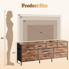 Huuger 63 Inch Dresser for Bedroom, Long Dresser with 10 Fabric Drawers, TV Stand for 55, 65, 70 Inch TV, Toy Storage Organizer for Closet, Rustic Brown