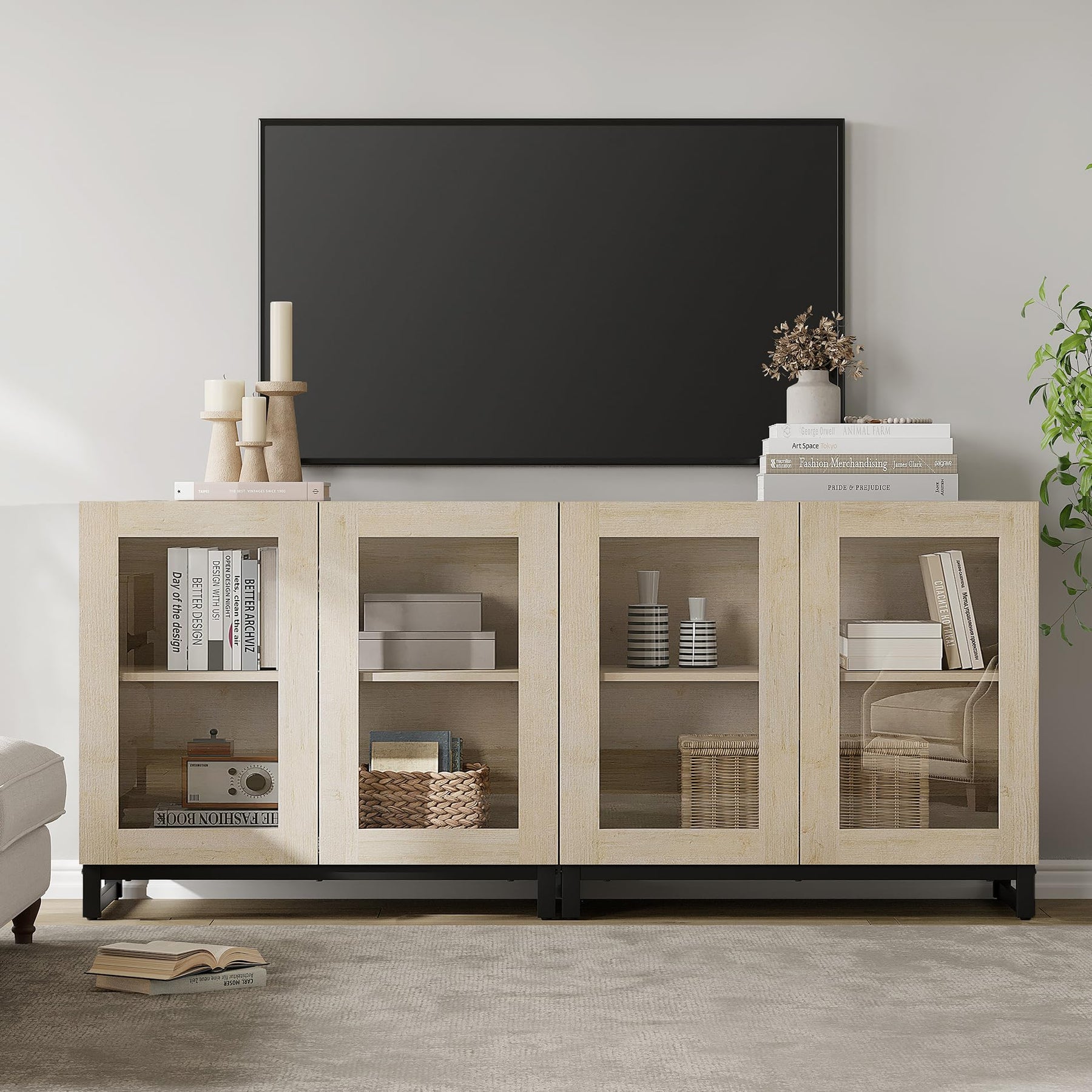WAMPAT Modern TV Stand with Glass Doors for 80-120 inch TVs, 4 in 1 Entertainment Center Console with 4 Drawers and Metal Base for Living Room, Bedroom, Brown