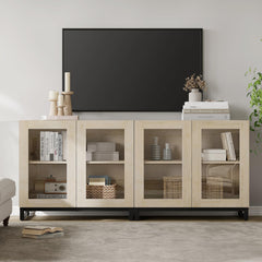 WAMPAT Modern TV Stand with Glass Doors for 80-120 inch TVs, 4 in 1 Entertainment Center Console with 4 Drawers and Metal Base for Living Room, Bedroom, Brown