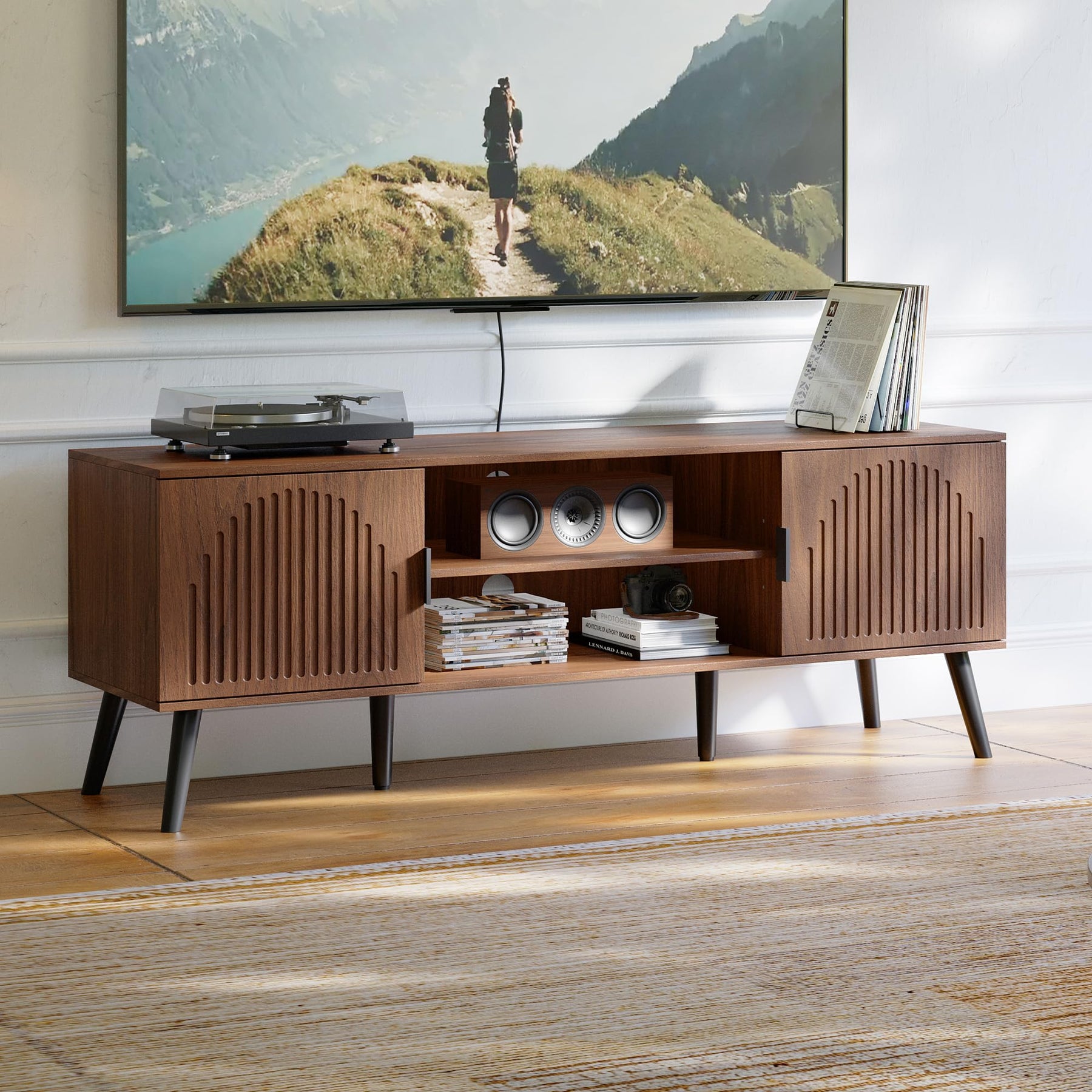 ChooChoo TV Stand with Open Shelves for 65 Inch TVs, Mid Century