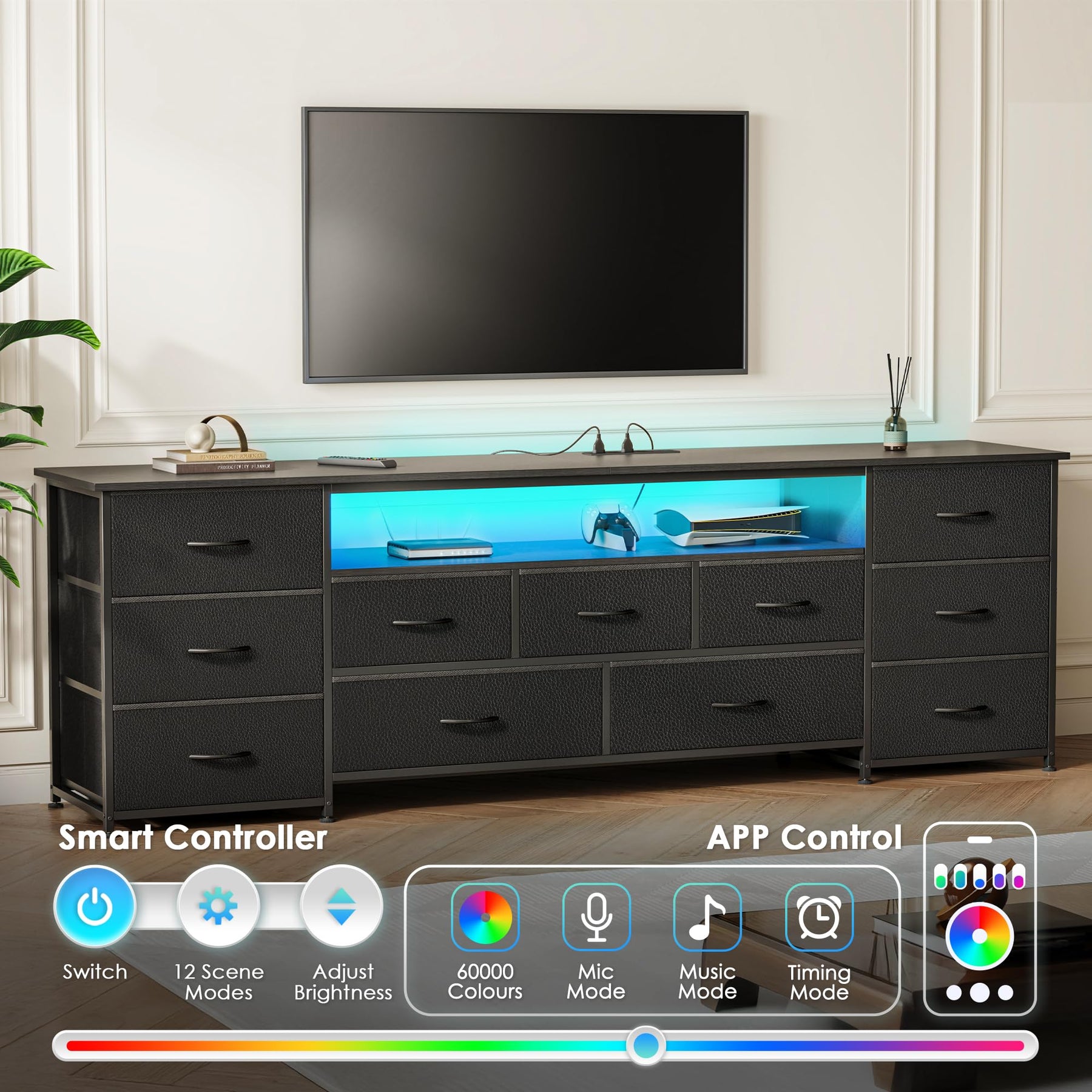 Huuger 63 Inch TV Stand for 65, 70 Inch TV, 11 Drawer Long Dresser with Power Outlets and LED Lights, Entertainment Center with Storage, Black Dresser with PU Leather Surface