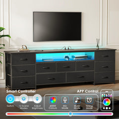 Huuger 63 Inch TV Stand for 65, 70 Inch TV, 11 Drawer Long Dresser with Power Outlets and LED Lights, Entertainment Center with Storage, Black Dresser with PU Leather Surface