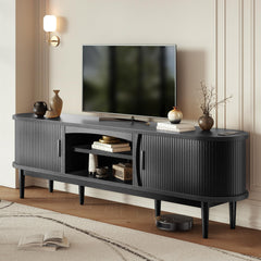 Decofy Mid Century TV Stand for TVs up to 80 Inches, Entertainment Center with Storage, Power Outlet, Fluted Sliding Doors & Adjustable Shelves, Modern Media TV Console Table for Living Room (Walnut)