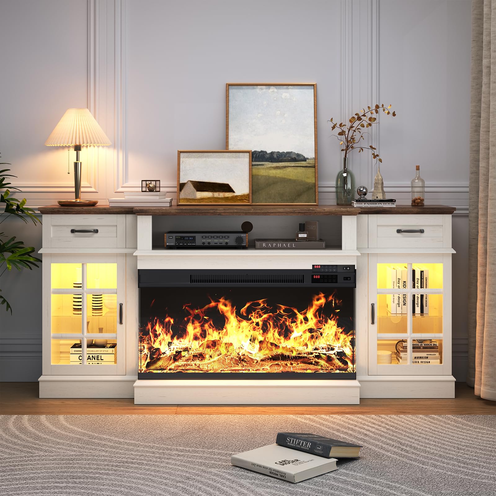 MXV 70" Fireplace TV Stand, 3-Sided Glass Fireplace and Modern Entertainment Center, Wooden Media Console with Glass Doors & Storage Drawers, LED Light, for Living Room, Antique White