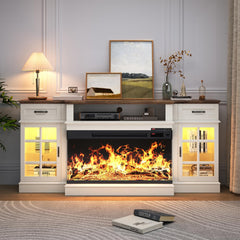 MXV 70" Fireplace TV Stand, 3-Sided Glass Fireplace and Modern Entertainment Center, Wooden Media Console with Glass Doors & Storage Drawers, LED Light, for Living Room, Antique White