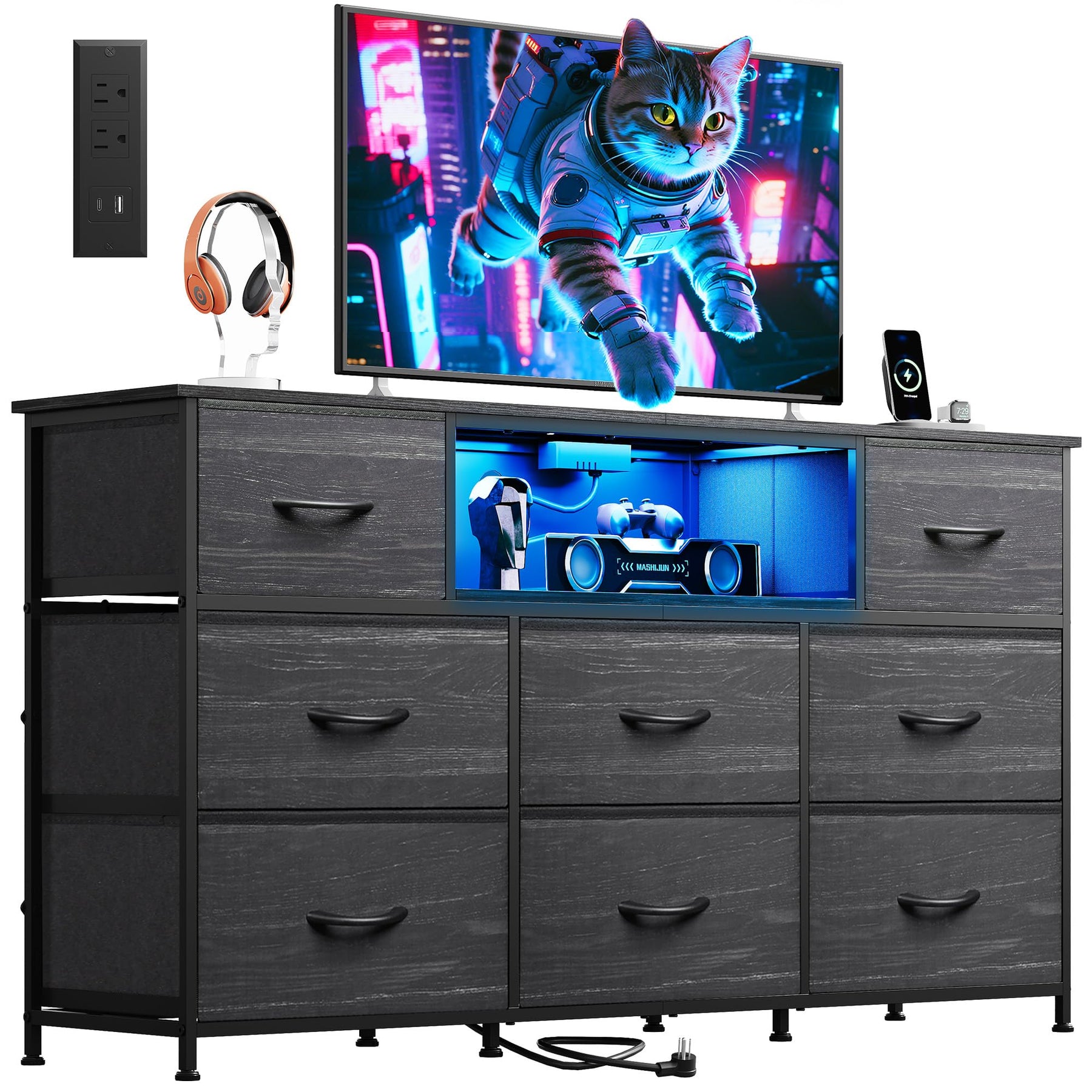 WLIVE LED Dresser TV Stand for 65 Inch TV, 8 Drawers, Rustic Brown