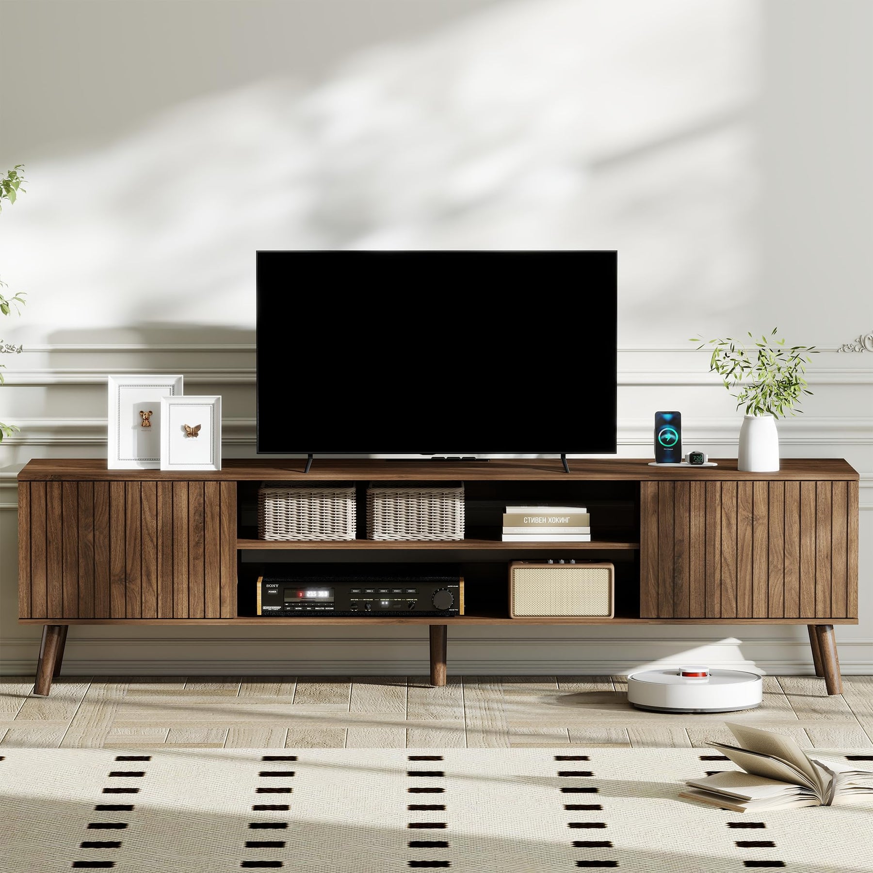 YOSHOOT 63" TV Stand for Living Room, Mid Century Modern Entertainment Center with Power Outlet Fit TVs Up to 70 inch, Fluted Media Console with Open Shelves and Storage Cabinets for Bedroom, Natural