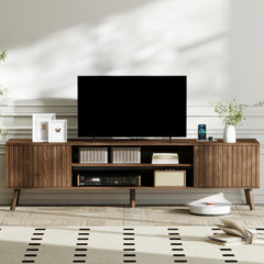 YOSHOOT 63" TV Stand for Living Room, Mid Century Modern Entertainment Center with Power Outlet Fit TVs Up to 70 inch, Fluted Media Console with Open Shelves and Storage Cabinets for Bedroom, Natural