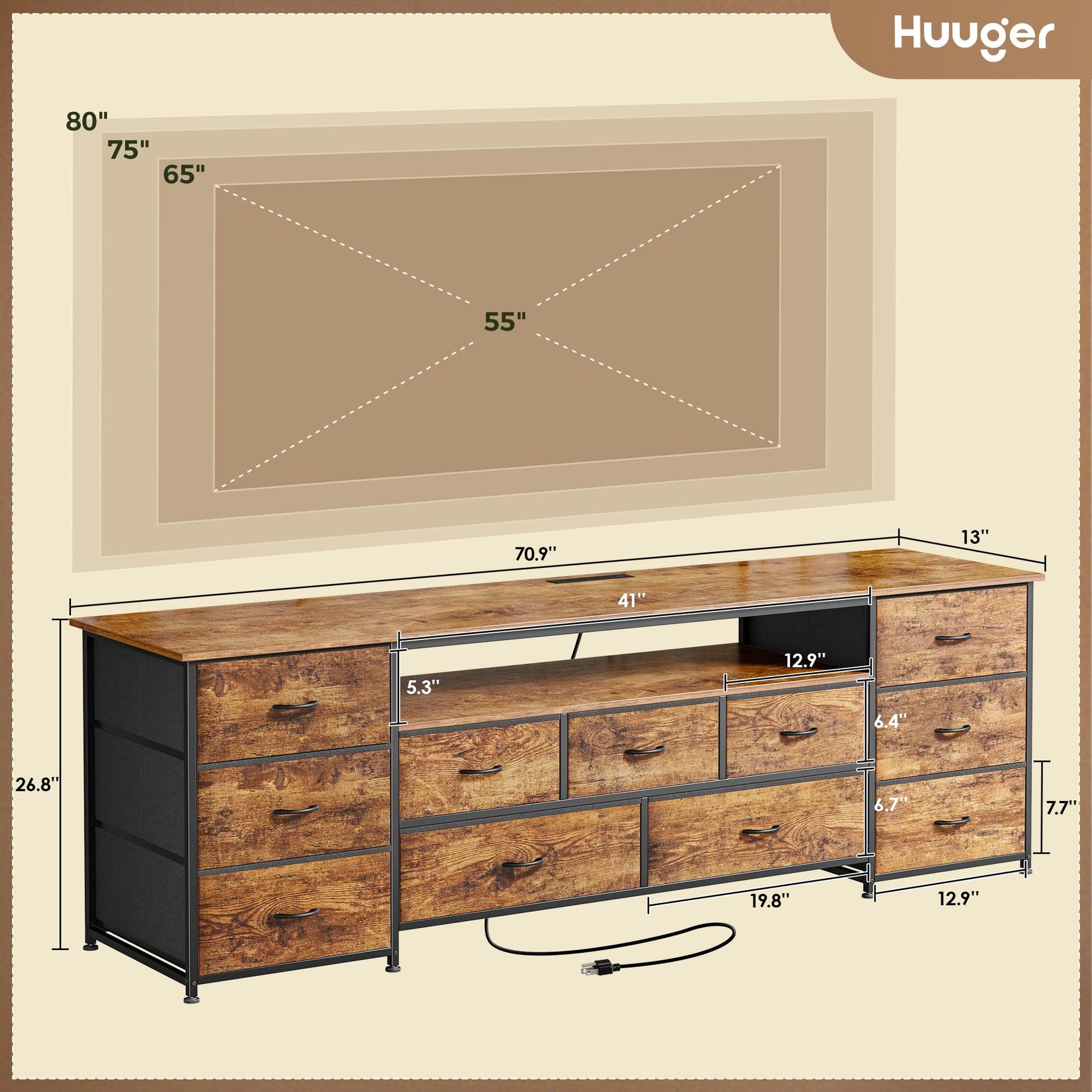 Huuger 63 Inch TV Stand for 65, 70 Inch TV, 11 Drawer Long Dresser with Power Outlets and LED Lights, Entertainment Center with Storage, Black Dresser with PU Leather Surface