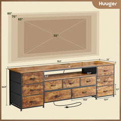 Huuger 63 Inch TV Stand for 65, 70 Inch TV, 11 Drawer Long Dresser with Power Outlets and LED Lights, Entertainment Center with Storage, Black Dresser with PU Leather Surface