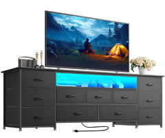 Huuger 63 Inch TV Stand for 65, 70 Inch TV, 11 Drawer Long Dresser with Power Outlets and LED Lights, Entertainment Center with Storage, Black Dresser with PU Leather Surface