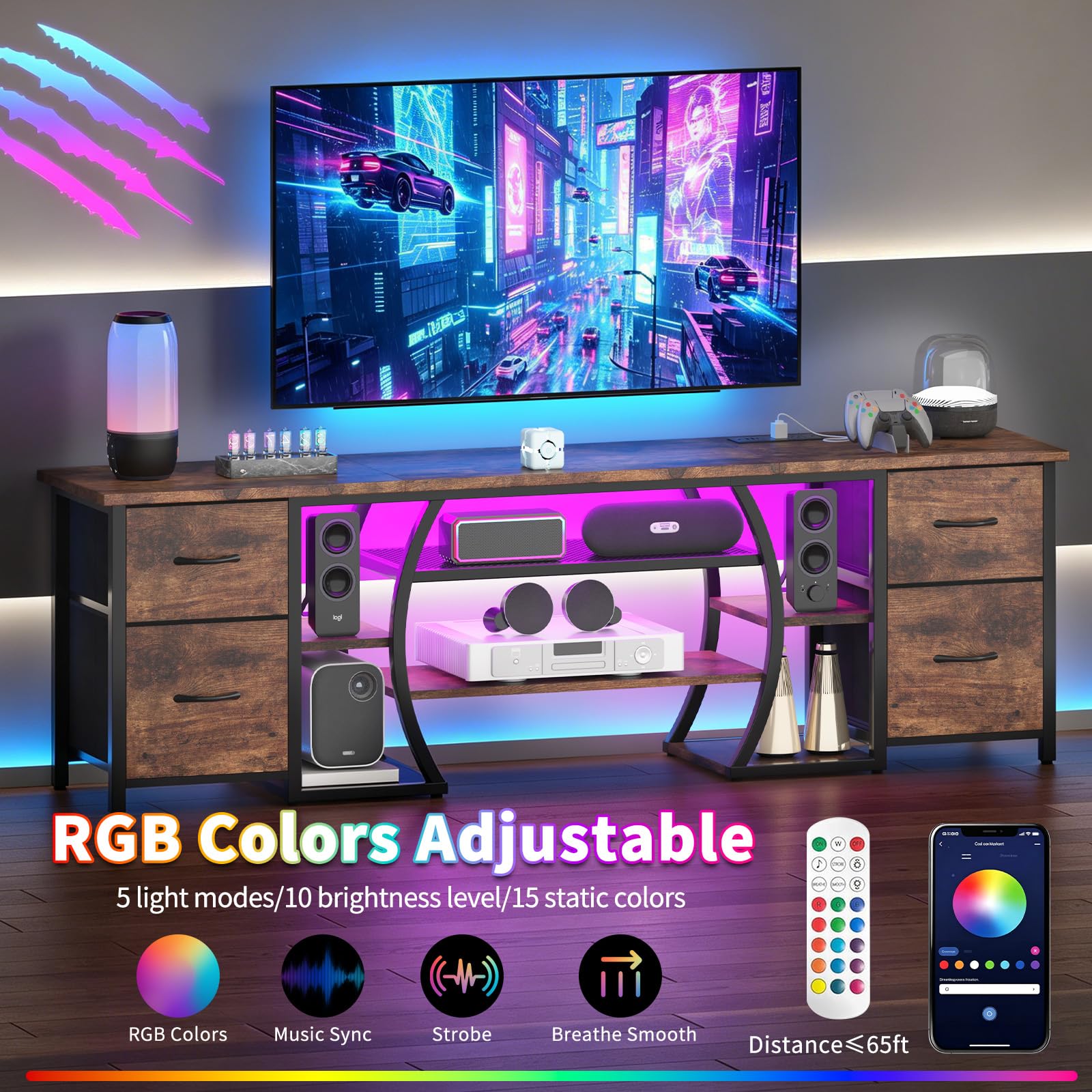 ZHNSYDN LED TV Stand for 65, 70, 80 Inch TV,71 Inch Industrial Entertainment Center with Power Outlets,Media Console Table with Open Storage Shelves & Fabric Drawers for Living Room Bedroom,Greige