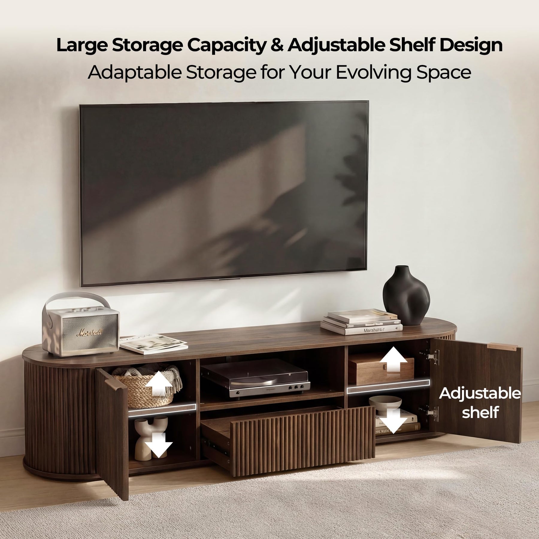 CHITA 70" Fluted TV Stands TV Console with Drawers for TVs Up to 80",Walnut