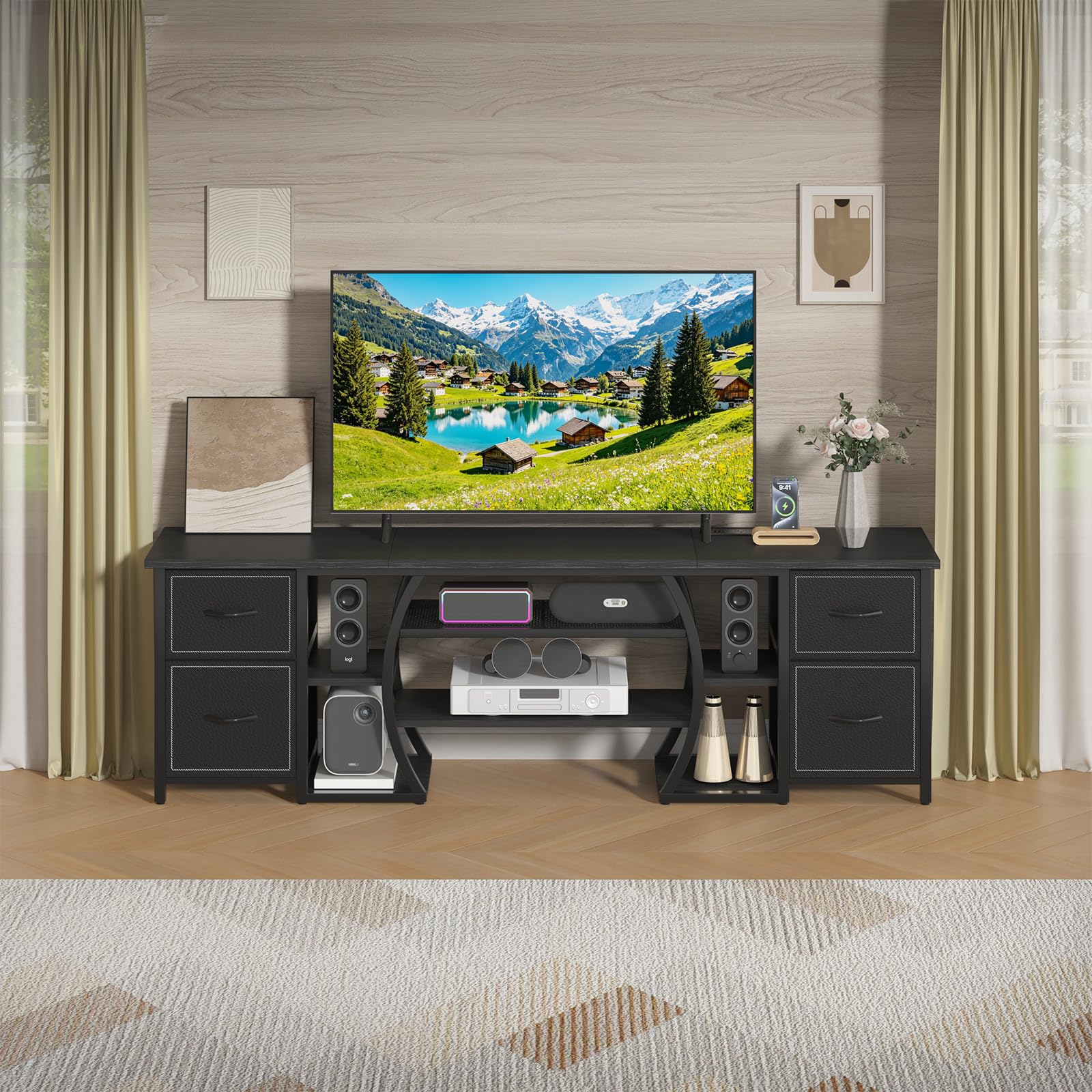 ZHNSYDN LED TV Stand for 65, 70, 80 Inch TV,71 Inch Industrial Entertainment Center with Power Outlets,Media Console Table with Open Storage Shelves & Fabric Drawers for Living Room Bedroom,Greige