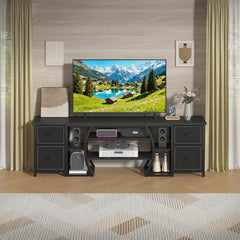 ZHNSYDN LED TV Stand for 65, 70, 80 Inch TV,71 Inch Industrial Entertainment Center with Power Outlets,Media Console Table with Open Storage Shelves & Fabric Drawers for Living Room Bedroom,Greige