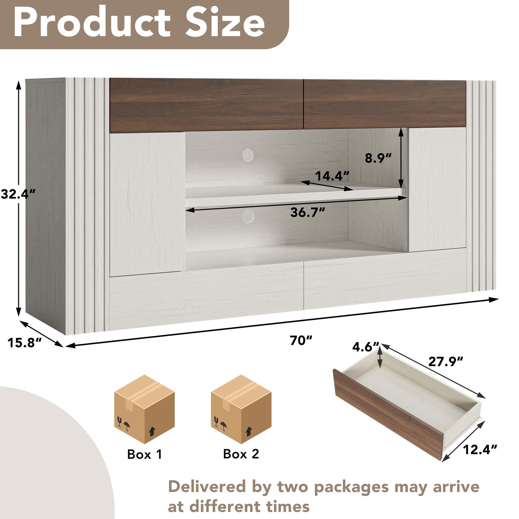 OneBlis Modern 70" TV Stand for TVs up to 80", Entertainment Center with 2 Drawers & 2 Side Cabinets, Media Console with 2-Tier Open Storage Shelves and Cable Management, Antique White & Walnut