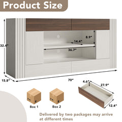 OneBlis Modern 70" TV Stand for TVs up to 80", Entertainment Center with 2 Drawers & 2 Side Cabinets, Media Console with 2-Tier Open Storage Shelves and Cable Management, Antique White & Walnut