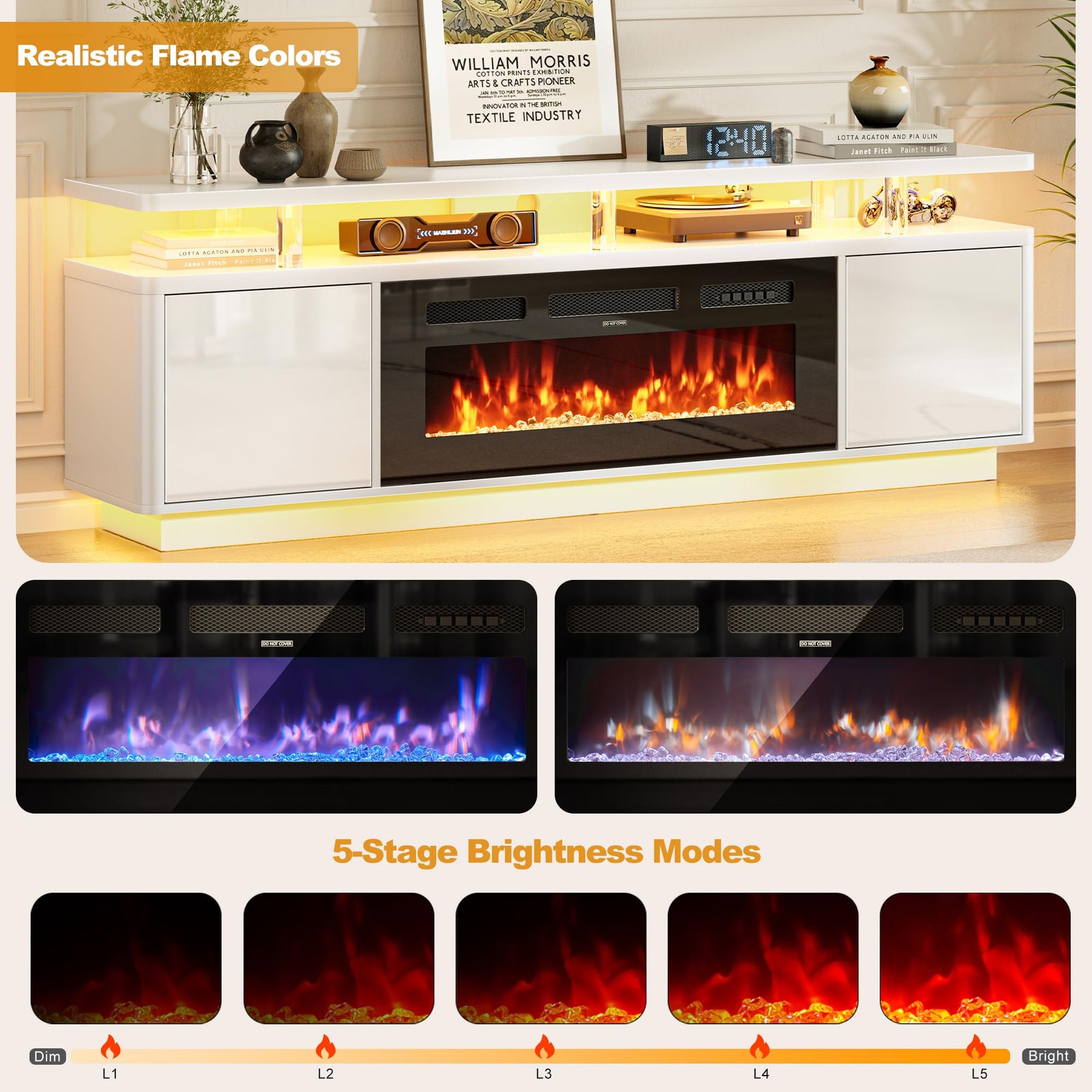 OneBlis 70" Fireplace TV Stand with Double LED Lights for TVs UP to 80", Electric Fireplace Entertainment Center with Storage Cabinets, TV Console for Living Room, Office, Black1