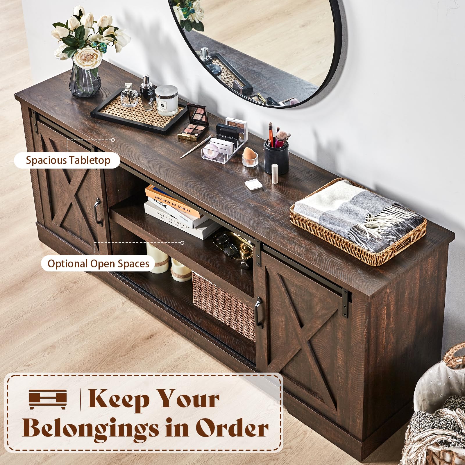 AMERLIFE 66" TV Stand for Living Room, Entertainment Center, Brown