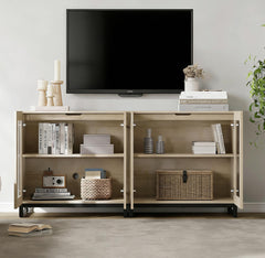WAMPAT Modern TV Stand with Glass Doors for 80-120 inch TVs, 4 in 1 Entertainment Center Console with 4 Drawers and Metal Base for Living Room, Bedroom, Brown