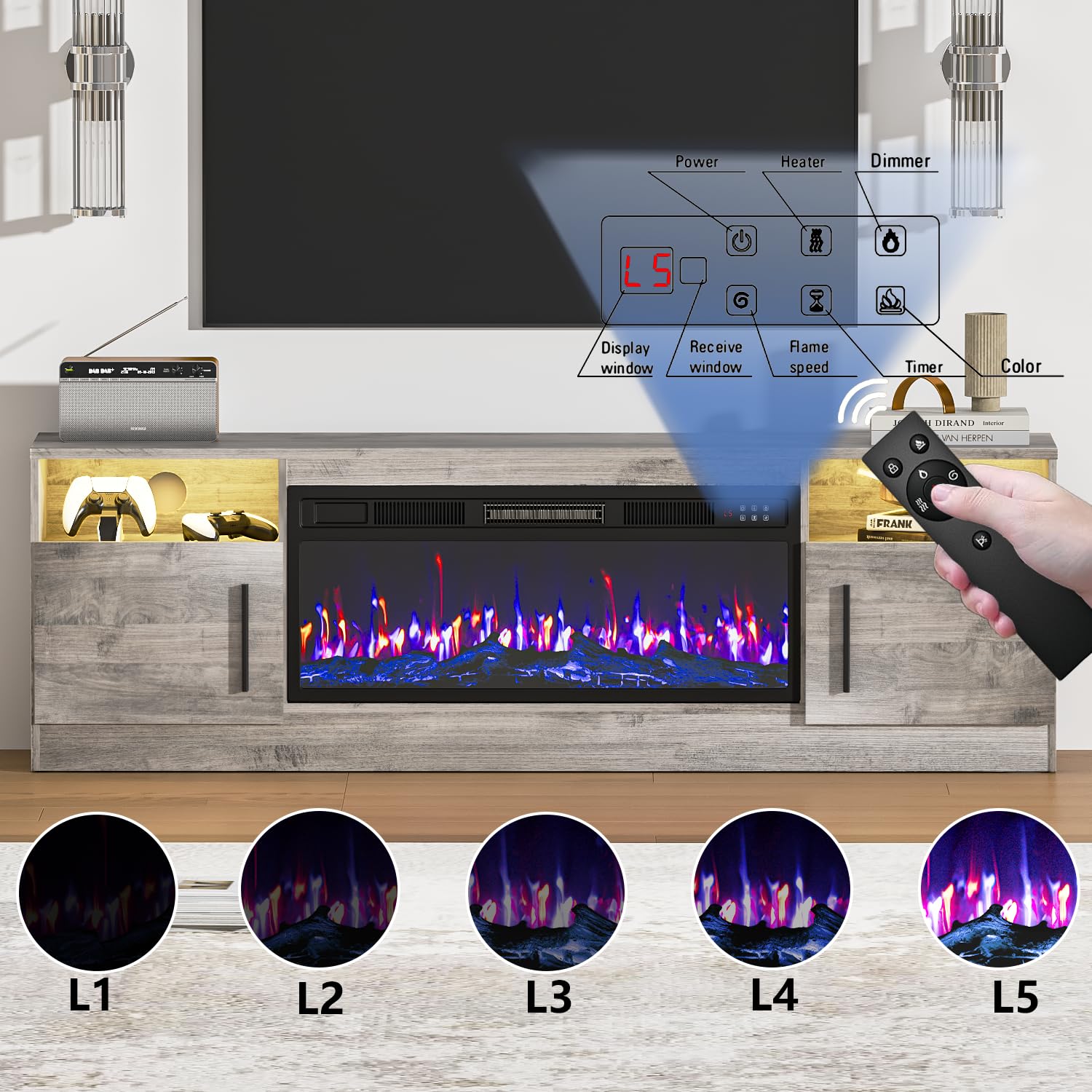 PRETZI Fireplace TV Stand with 36" Fireplace Up to 80" TVs for Living Room